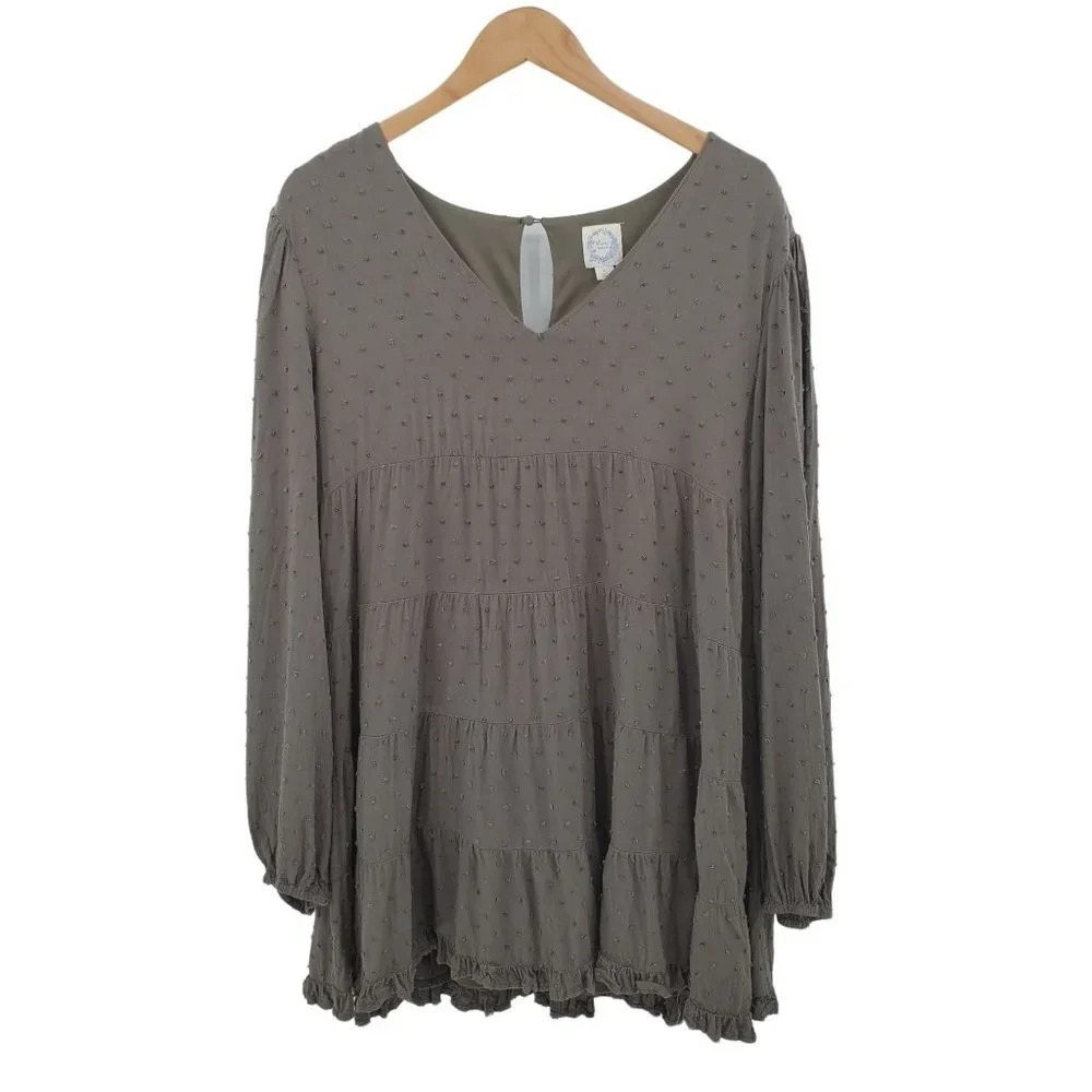 Blue Rain Womens L Gray Boho Tiered Swing Dress Balloon Sleeve Rayon